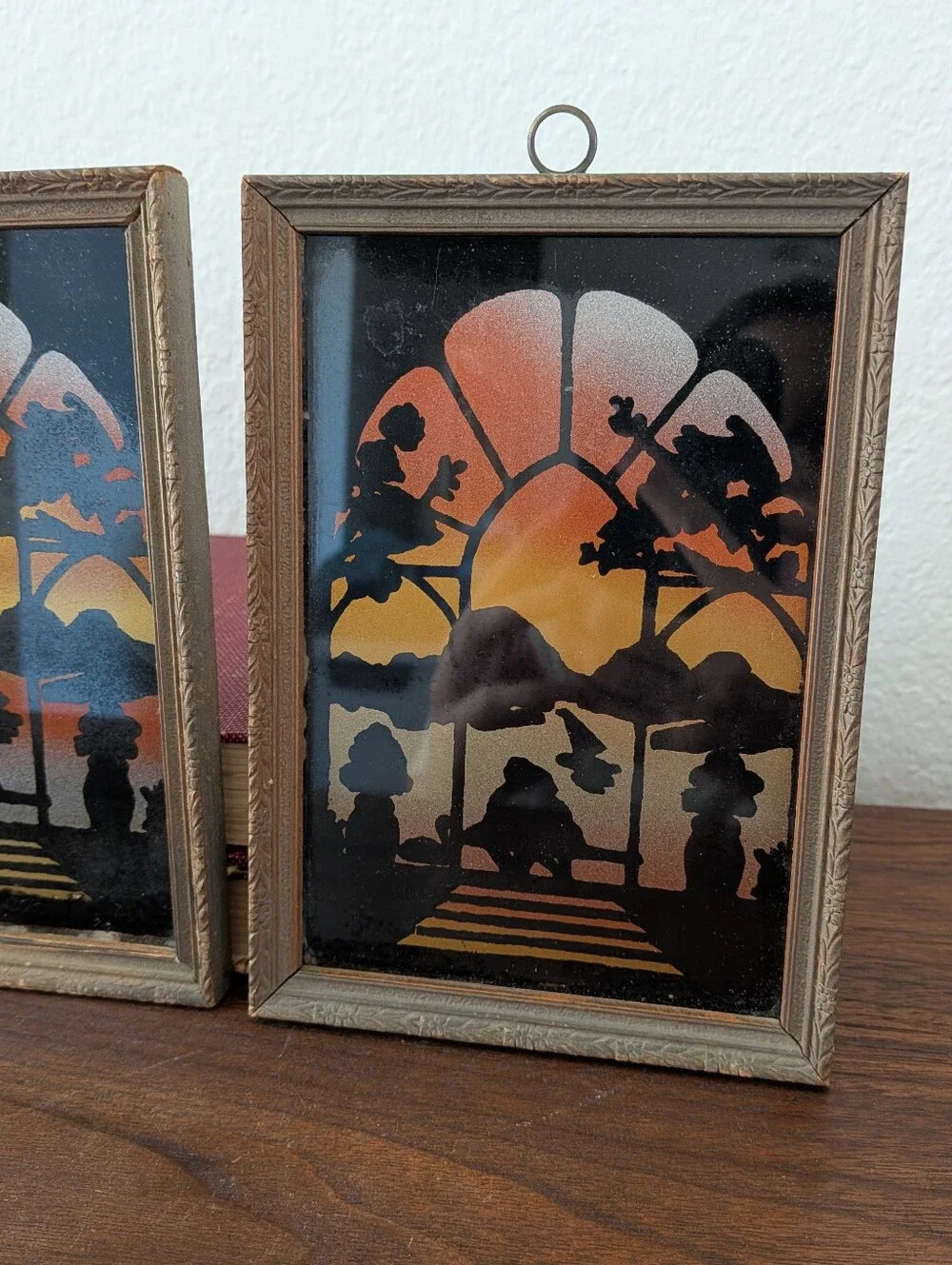 Vintage Set Reverse PaintedSilhouette Window Sunset Couple Lake